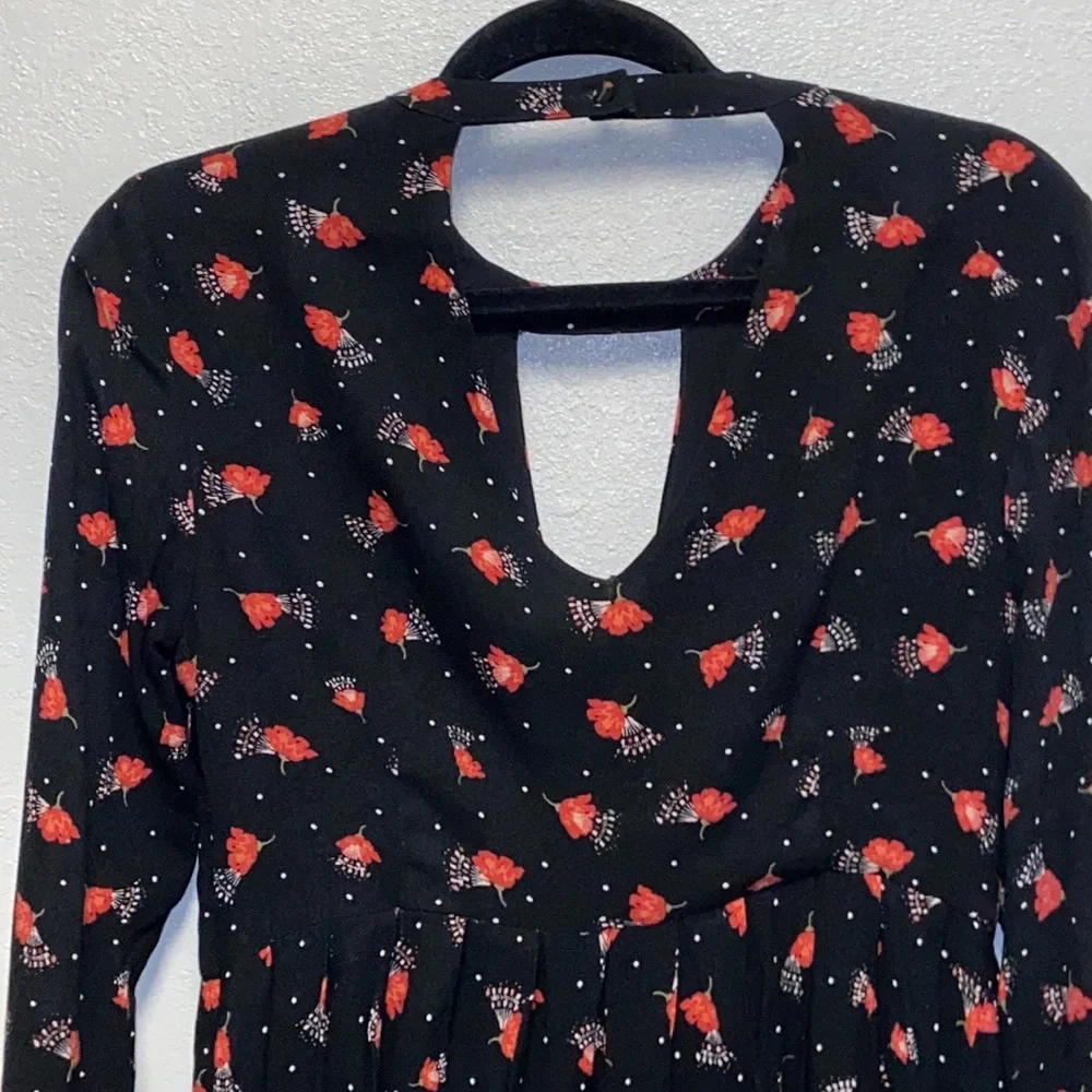 Free People Teagan Black Floral Deep V Neck Open Back Bell Sleeve Mini Dress